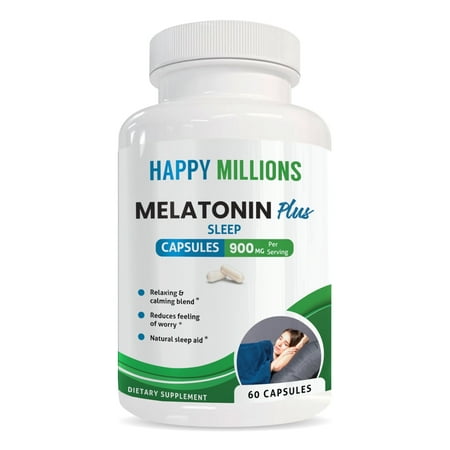 Happy Millions Melatonin Plus sleep support Dietary Supplements 900mg, 60 Capsules Non-GMO, Gluten-Free