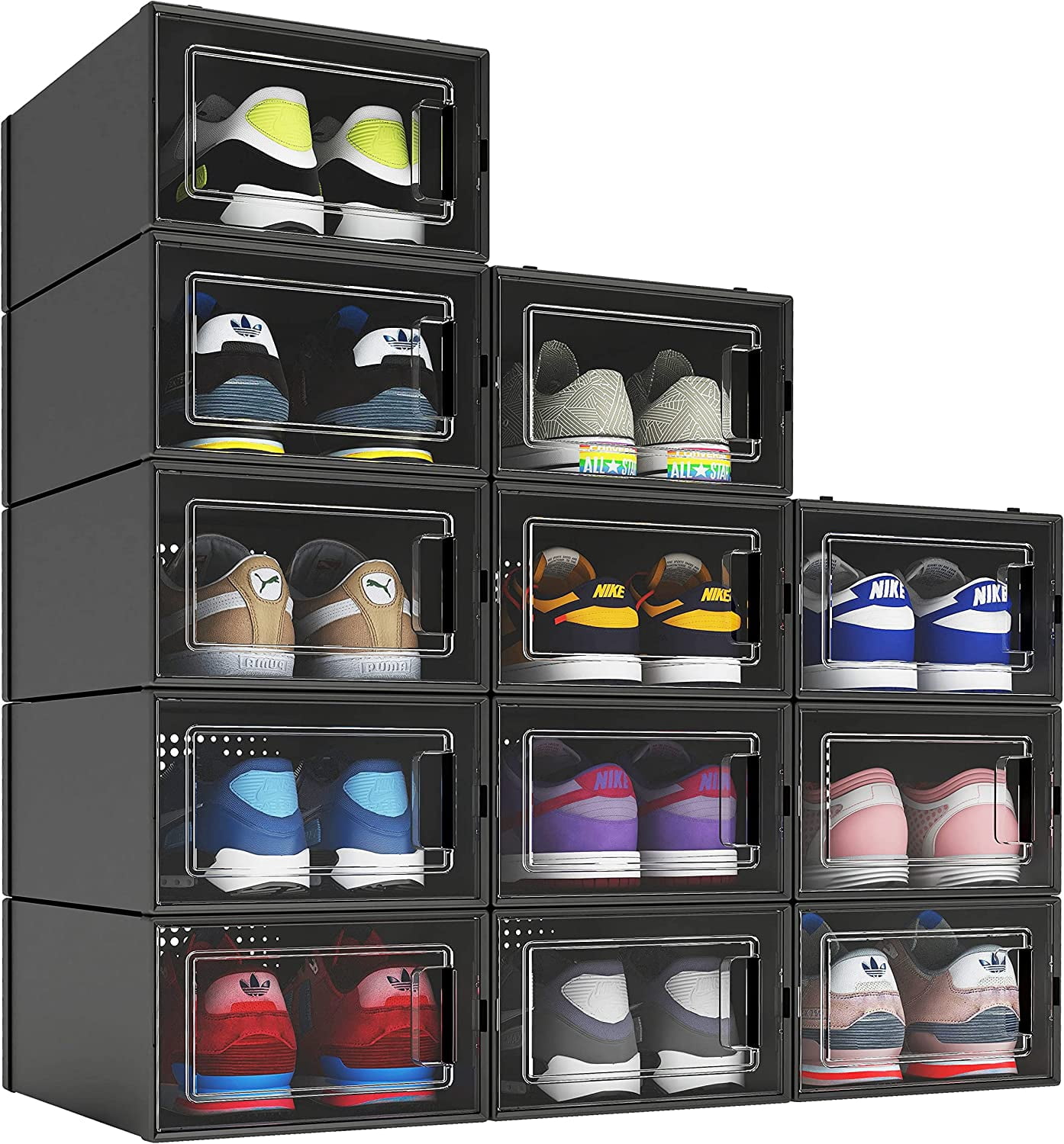 MELDEVO 12 Pack Stackable Shoe Organizer, Black Plastic Storage Bins ...