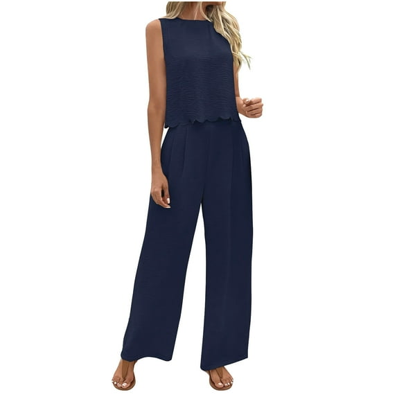 MELDVDIB 2 Piece Set for Womens Plus Size Ruffle Hem Sleeveless Crewneck Tops Wide Leg Ruched Suit Pants Summer Beach Holiday Outfits