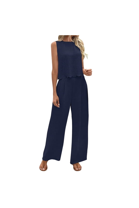2 Piece Set for Womens Plus Size Ruffle Hem Sleeveless Crewneck Tops Wide Leg Ruched Suit Pants Summer Beach Holiday Outfits