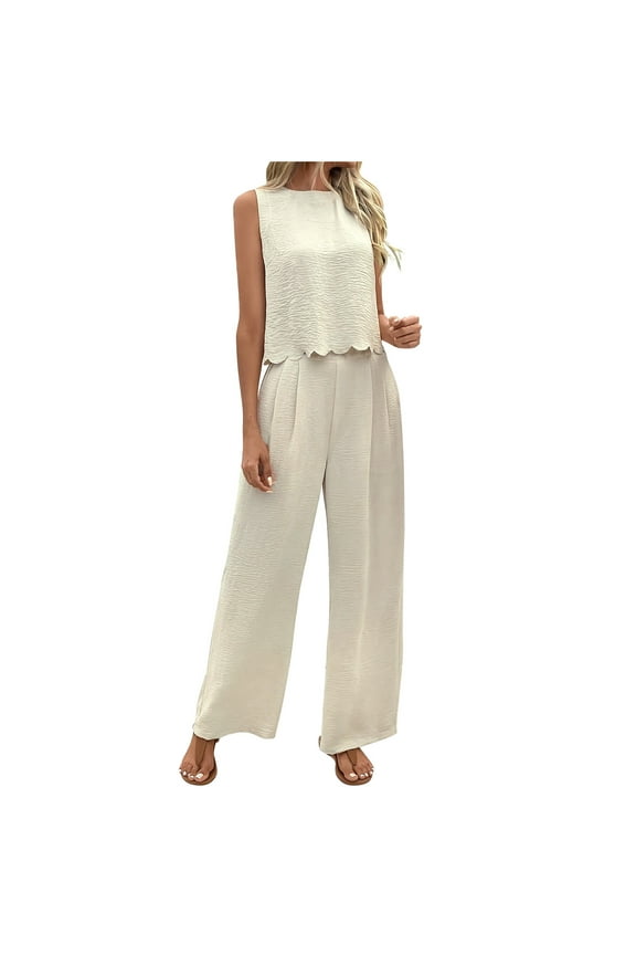 2 Piece Set for Womens Plus Size Ruffle Hem Sleeveless Crewneck Tops Wide Leg Ruched Suit Pants Summer Beach Holiday Outfits