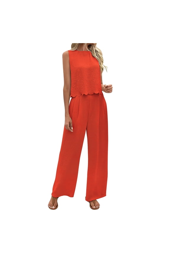 2 Piece Set for Womens Plus Size Ruffle Hem Sleeveless Crewneck Tops Wide Leg Ruched Suit Pants Summer Beach Holiday Outfits