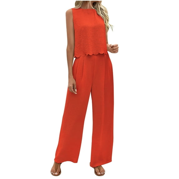 MELDVDIB 2 Piece Set for Womens Plus Size Ruffle Hem Sleeveless Crewneck Tops Wide Leg Ruched Suit Pants Summer Beach Holiday Outfits