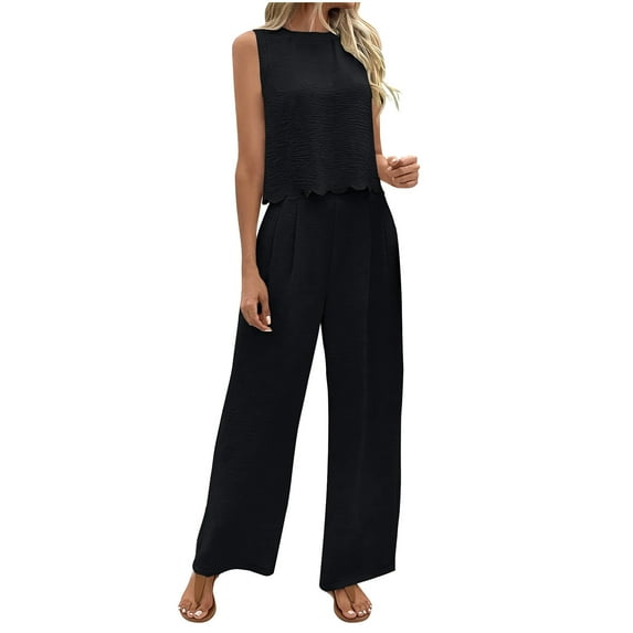 MELDVDIB 2 Piece Set for Womens Plus Size Ruffle Hem Sleeveless Crewneck Tops Wide Leg Ruched Suit Pants Summer Beach Holiday Outfits