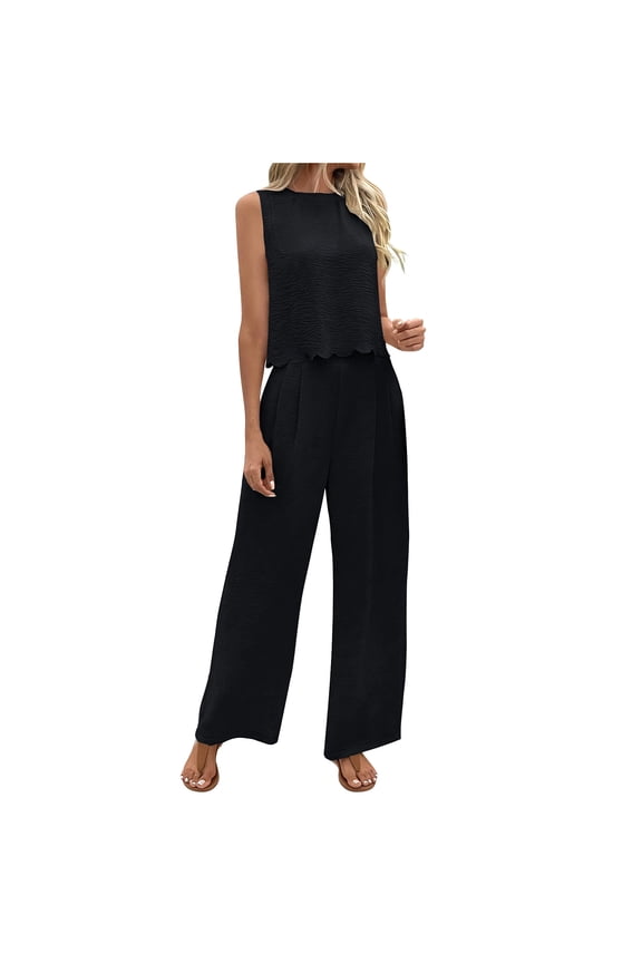 2 Piece Set for Womens Plus Size Ruffle Hem Sleeveless Crewneck Tops Wide Leg Ruched Suit Pants Summer Beach Holiday Outfits