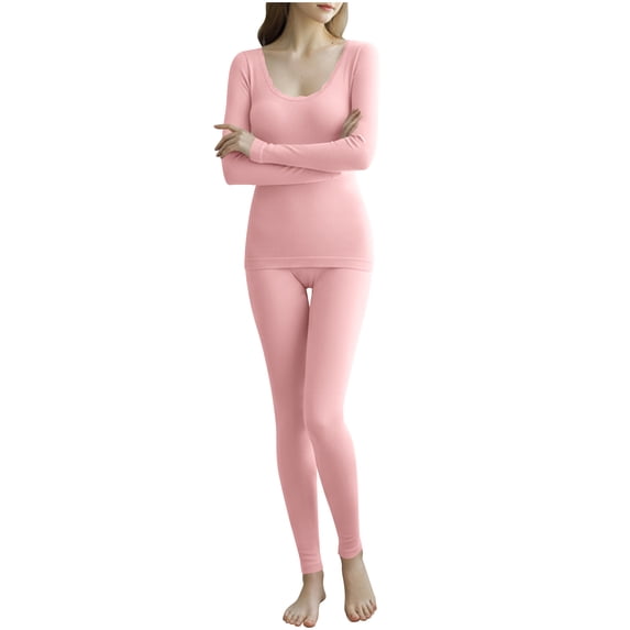 MELDVDIB 2 Set Womens Thermal Underwear Fleece Lined Solid Color Thin Long Johns Long Sleeve Base Layer Lounge Crewneck Pullover Top Bottom Sets
