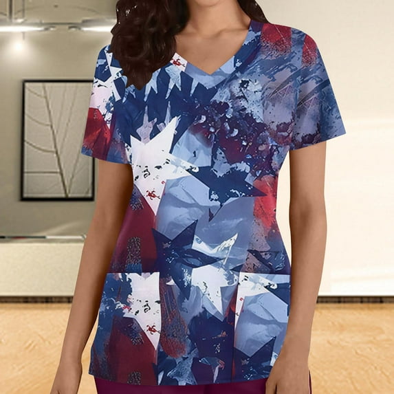 MELDVDIB 4th of July Nursing Scrub Tops for Women Patriotic Flag Print Working Uniform Short Sleeve V Neck Workwear Blouse T-shirt with Pockets, Gift on Deals