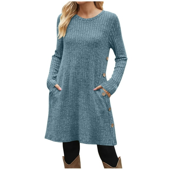 MELDVDIB Dresses for Women Knit Sweater Long Sleeve Midi Dress Solid Color Loose Crewneck Mid-Length Dresses