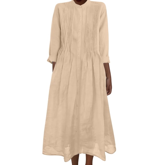 MELDVDIB Dresses for Women Linen Button-Up Long Sleeve Pleated Summer Dress Fashion Casual Solid Color Loose Light Weight Midi Dress Outfits