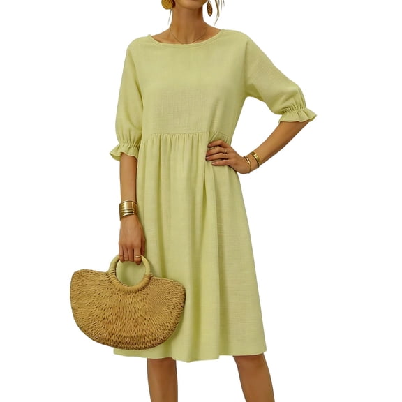 MELDVDIB Dresses for Women Linen Crewneck 3/4 Sleeve Summer Dress Fashion Casual Solid Color Loose Light Weight Midi Dress Outfits