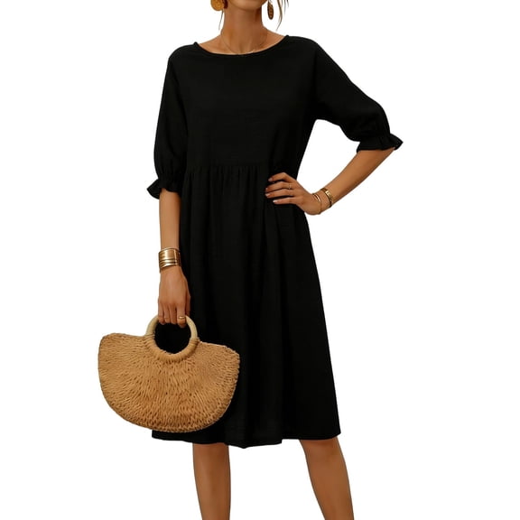 MELDVDIB Dresses for Women Linen Crewneck 3/4 Sleeve Summer Dress Fashion Casual Solid Color Loose Light Weight Midi Dress Outfits