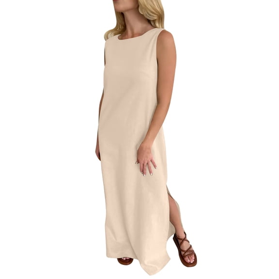 MELDVDIB Dresses for Women Linen Crewneck Sleeveless Summer Dress Fashion Casual Solid Color Loose Light Weight Long Dress Outfits