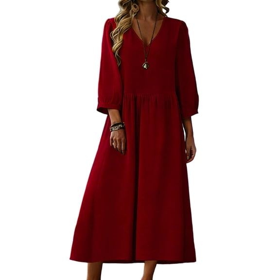 MELDVDIB Dresses for Women Linen V-Neck Long Sleeve Summer Long Dress Fashion Casual Solid Color Light Weight Loose Outfits