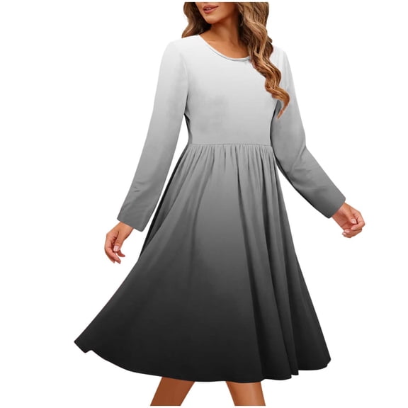 MELDVDIB Dresses for Women Long Sleeve Spring Summer Midi Dress Gradient Printed Fashion Casual Loose Crewneck Mid-Length Dresses