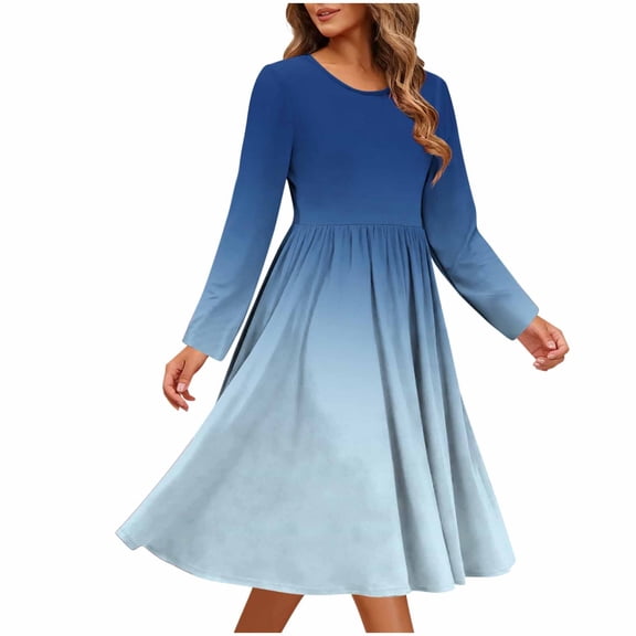 MELDVDIB Dresses for Women Long Sleeve Spring Summer Midi Dress Gradient Printed Fashion Casual Loose Crewneck Mid-Length Dresses