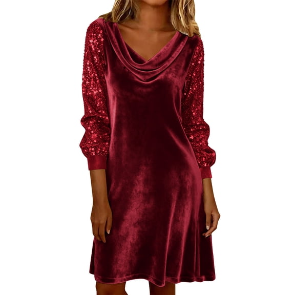 MELDVDIB Dresses for Women Sequin Velvet Patchwork Long Sleeve Loose Midi Dress V-Neck Fashion Casual Summer Outfits
