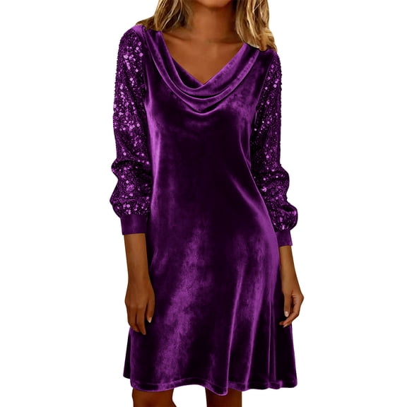 MELDVDIB Dresses for Women Sequin Velvet Patchwork Long Sleeve Loose Midi Dress V-Neck Fashion Casual Summer Outfits