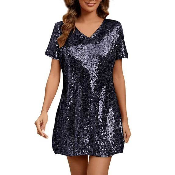 MELDVDIB Dresses for Women Sequined V-Neck Short Sleeve Spring Summer Short Dress Solid Color Fashion Casual Loose Outfits