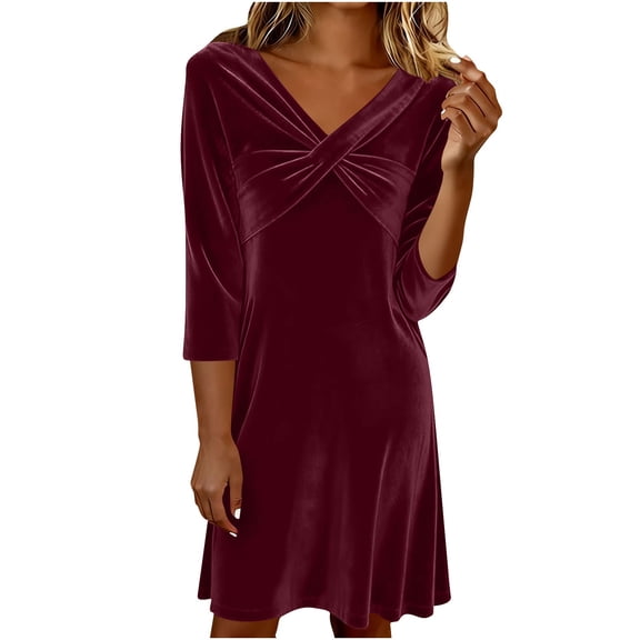 MELDVDIB Dresses for Women Velvet 3/4 Sleeve Loose Summer Dress V-Neck Pleated Fashion Casual Solid Color Midi Dresses Outfits