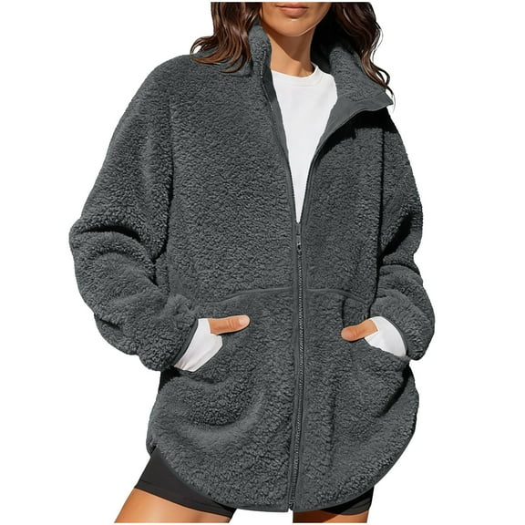 MELDVDIB Fleece Jacket for Women Zip-Up Jacket Solid Color Stand Collar Oversized Coat Fall Winter Long Sleeve Outerwear with Pockets