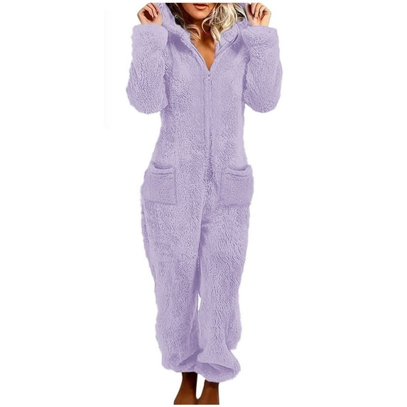 MELDVDIB Pajamas for Women Fuzzy Fall Winter Long Sleeve Solid Color Hooded Onesie Comfy Warm Casual Zipper Loungewear with Pockets