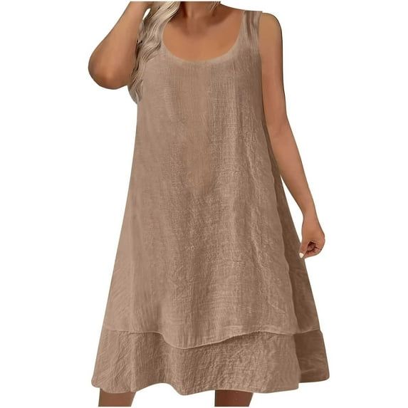 MELDVDIB Linen Dresses for Women Crewneck Sleeveless Spring Summer Midi Dress Solid Color Oversized Loose Outfits