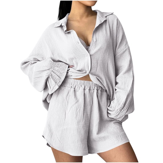 MELDVDIB Plus Size Linen Outfits for Womens Trendy Lapel Puff Sleeve Button Down Tunic Tops High Elastic Waist Shorts Vacation Set