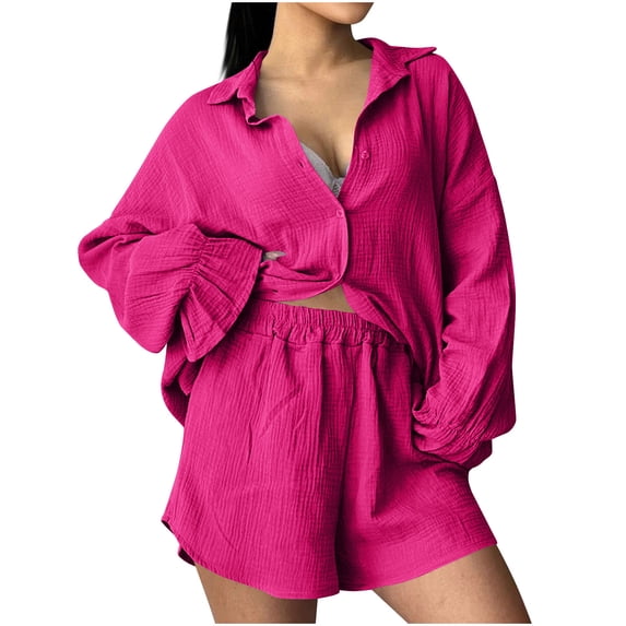 MELDVDIB Linen Outfits for Womens Plus Size Lapel Puff Sleeve Button Tunic Tops High Elastic Waist Shorts Summer Vacation Set