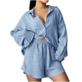 thumbnail image 1 of MELDVDIB Linen Outfits for Womens Plus Size Lapel Puff Sleeve Button Tunic Tops High Elastic Waist Shorts Summer Vacation Set, 1 of 7