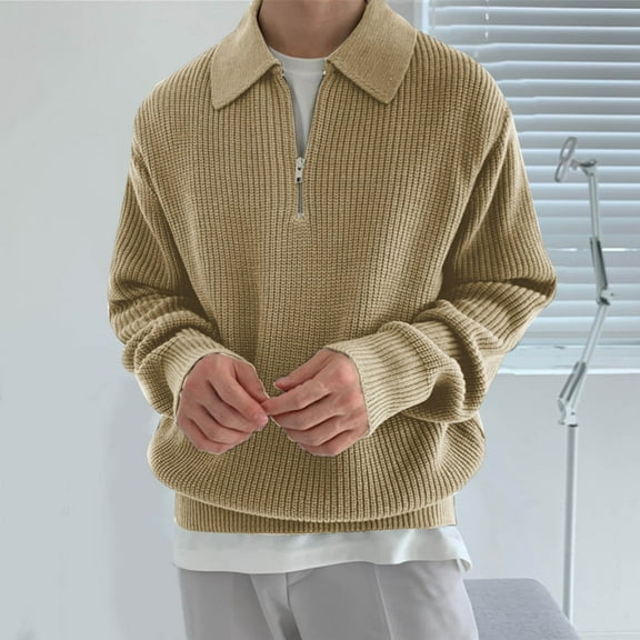 MELDVDIB Mens 1/4 Zip Sweatshirts Lapel Collar Long Sleeve Ribbed Sweaters Casual Loose Fit Pullover Tops