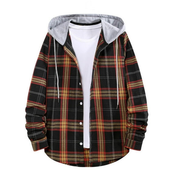 MELDVDIB Mens Button-Up Hoodies Coats Fall Winter Plaid Square Check Long Sleeve Hooded Jackets Fashion Casual Stretch Comfy Lounge Blouse Black L