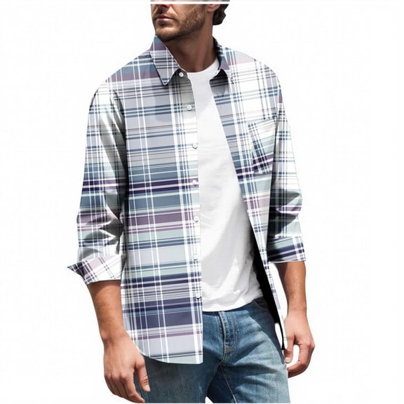 MELDVDIB Mens Button-Up Plaid Shirts Long Sleeve Dress Shirt Fashion Casual Holiday Comfy Light Weight Blouse Tops with Pocket Blue XL