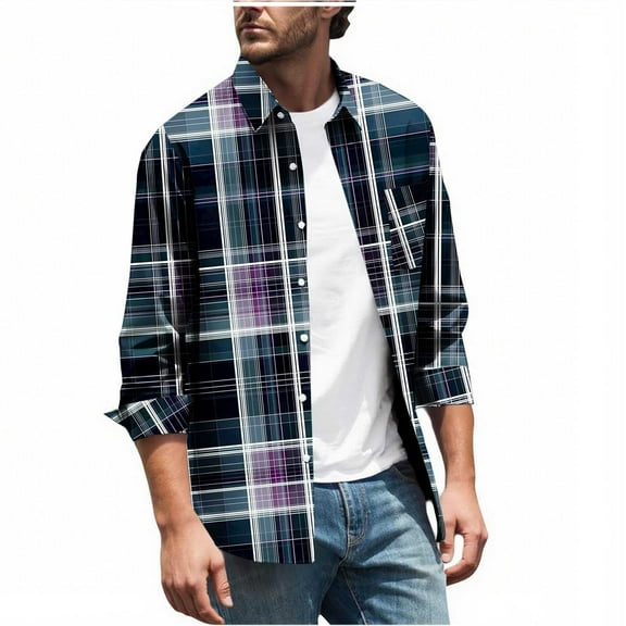 MELDVDIB Mens Button-Up Plaid Shirts Long Sleeve Dress Shirt Fashion Casual Holiday Comfy Light Weight Blouse Tops with Pocket Dark Blue XL