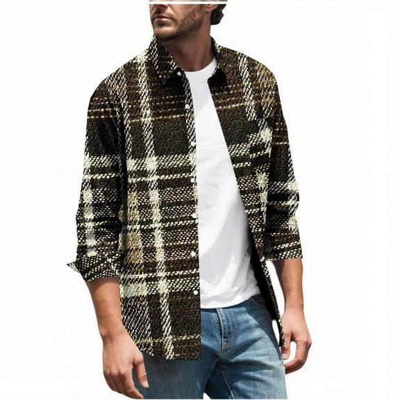 MELDVDIB Mens Button-Up Plaid Shirts Long Sleeve Dress Shirt Fashion Casual Holiday Comfy Light Weight Blouse Tops with Pocket Gold 3XL