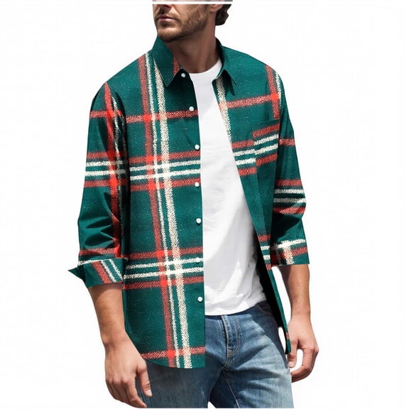 MELDVDIB Mens Button-Up Plaid Shirts Long Sleeve Dress Shirt Fashion Casual Holiday Comfy Light Weight Blouse Tops with Pocket Green 3XL