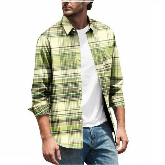 MELDVDIB Mens Button-Up Plaid Shirts Long Sleeve Dress Shirt Fashion Casual Holiday Comfy Light Weight Blouse Tops with Pocket Green 3XL