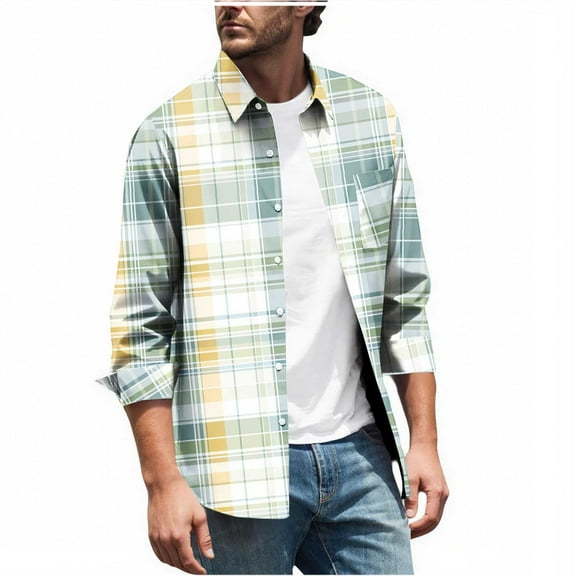 MELDVDIB Mens Button-Up Plaid Shirts Long Sleeve Dress Shirt Fashion Casual Holiday Comfy Light Weight Blouse Tops with Pocket Multicolor M