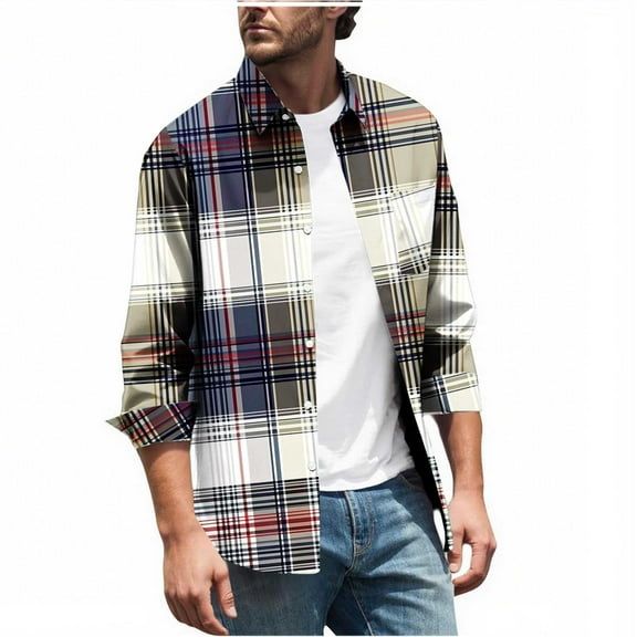 MELDVDIB Mens Button-Up Plaid Shirts Long Sleeve Dress Shirt Fashion Casual Holiday Comfy Light Weight Blouse Tops with Pocket Navy 2XL
