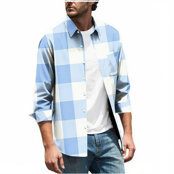 MELDVDIB Mens Button-Up Plaid Shirts Long Sleeve Dress Shirt Fashion Casual Holiday Comfy Light Weight Blouse Tops with Pocket Sky Blue L