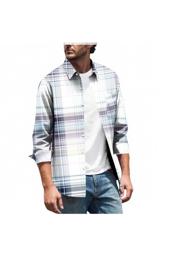 Mens Button-Up Plaid Shirts Long Sleeve Dress Shirt Fashion Casual Holiday Comfy Light Weight Blouse Tops with Pocket White L