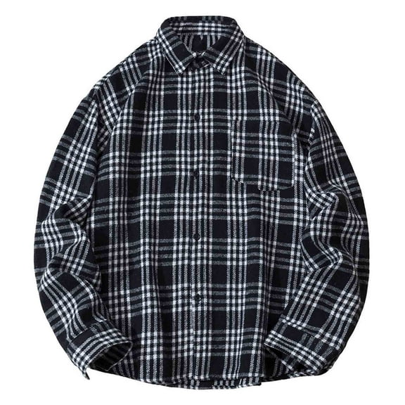 MELDVDIB Mens Button-Up Plaid Shirts Turndown Collar Oversized Long Sleeve Outfits Shirts Light Weight Comfy Work Coats Blouse with Pocket Black XL