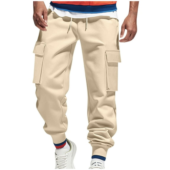 MELDVDIB Mens Cargo Pants Drawstring Elastic Waisted Joggers Solid Color Stretch Outdoor Pant with Pockets Khaki 2XL