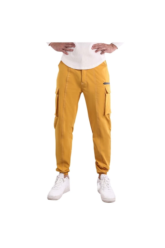 Mens Cargo Pants Hiking Outdoor Ripstop Solid Color Jogger Pants Tapper Leg Button Front Waisted Construction Pants with Zipper Pockets