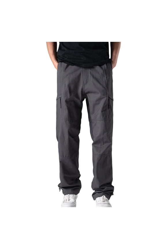 Mens Cargo Pants Hiking Outdoor Ripstop Solid Color Travel Pants Straight Leg Elastic Waisted Construction Pants with Zipper Pockets