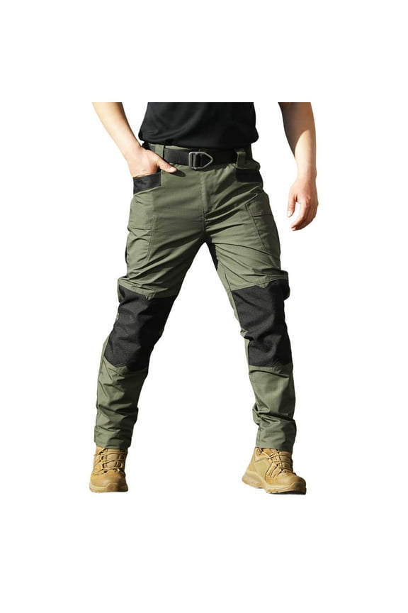 Mens Cargo Pants Hiking Ripstop Solid Color Slim Leg Pants Button Front Waisted Travel Pants Construction Pants with Multi ZIpper Pockets