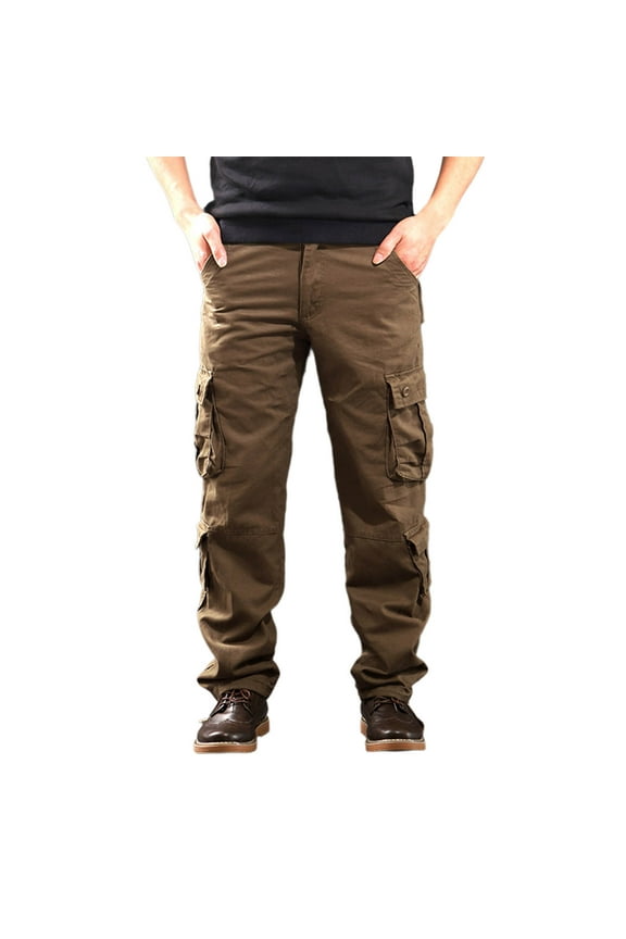 Mens Cargo Pants Hiking Ripstop Solid Color Straight Leg Pants Button Waisted Travel Pants Work Pants with Multi Pockets