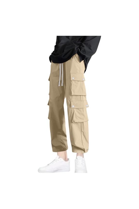 Mens Cargo Pants Hiking Ripstop Solid Color Straight Leg Pants Drawstring Waisted Travel Pants Work Pants with Multi Pockets