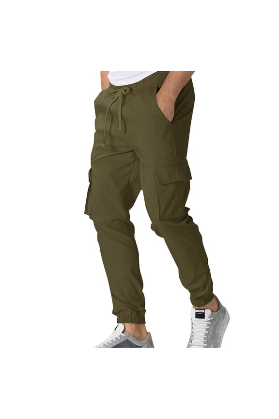 Mens Cargo Pants Ripstop Solid Color Tapered Leg Hiking Pants Drawstring Waisted Joggers with Multi Pockets