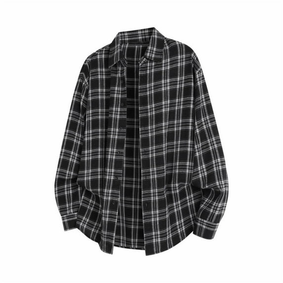 MELDVDIB Mens Classic Plaid Shirt Button-Up Vintage Fall Long Sleeve Loose Work Shirt Light Weight Comfy Jackets Shirt with Pocket Black L