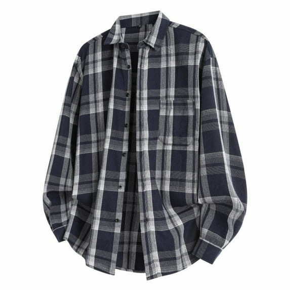 MELDVDIB Mens Classic Plaid Shirt Button-Up Vintage Fall Long Sleeve Loose Work Shirt Light Weight Comfy Jackets Shirt with Pocket Navy 2XL